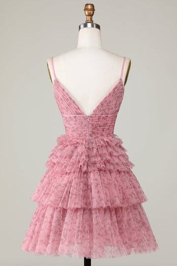 Lindo A Line Spaghetti Straps Blush Homecoming Vestido con volantes